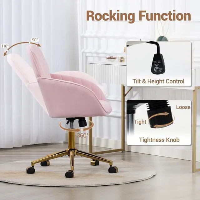 Alt view image 5 of 6 - Home Office Chair, Velvet Modern Makeup Vanity Chair with Gold Base and Wheels, Height Adjustable Swivel Desk Chair for Living Room Bedroom Study Room, Pink