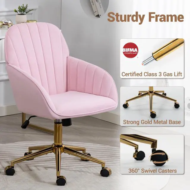 Alt view image 6 of 6 - Home Office Chair, Velvet Modern Makeup Vanity Chair with Gold Base and Wheels, Height Adjustable Swivel Desk Chair for Living Room Bedroom Study Room, Pink