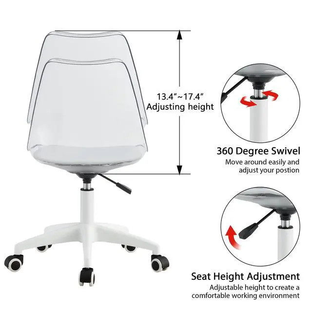 Alt view image 4 of 6 - Acrylic Clear Desk Chair Modern Home Office Ghost Chairs with Wheels Cute Armless Rolling Vanity Plastic Chair with Adjustable Height (Clear)