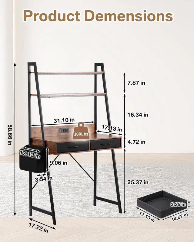 Alt view image 2 of 6 - Small Home Office Study Desk - Freestanding Ladder Design with Fabric Drawers & Side Bag - Modern Vanity Makeup Desk - 2 Tier Shelf & Computer Gaming Station