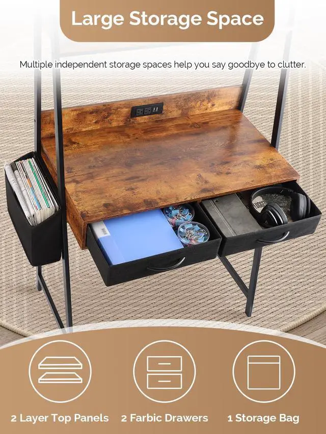Alt view image 4 of 6 - Small Home Office Study Desk - Freestanding Ladder Design with Fabric Drawers & Side Bag - Modern Vanity Makeup Desk - 2 Tier Shelf & Computer Gaming Station
