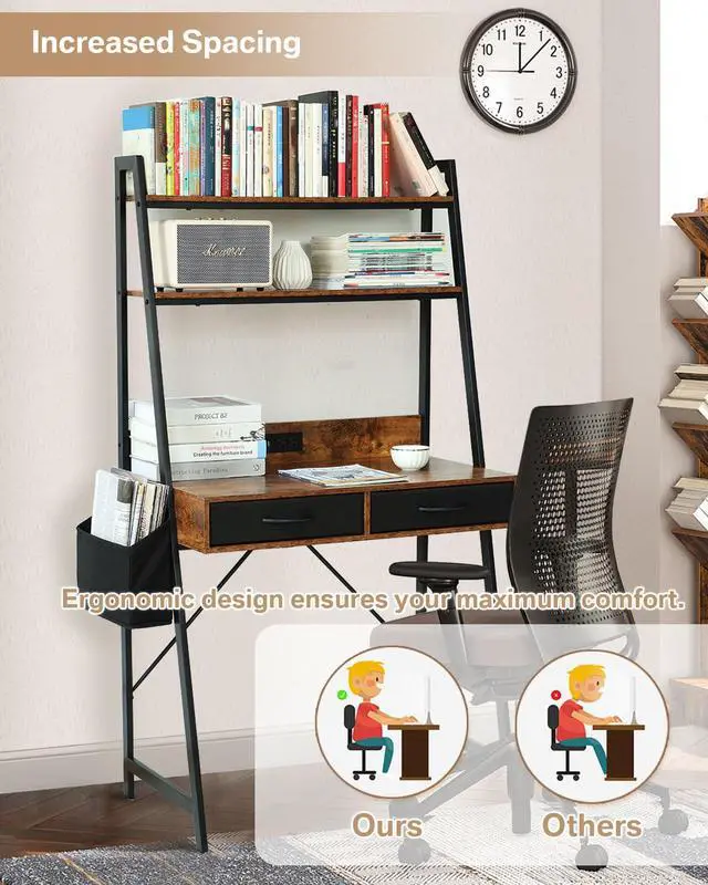 Alt view image 5 of 6 - Small Home Office Study Desk - Freestanding Ladder Design with Fabric Drawers & Side Bag - Modern Vanity Makeup Desk - 2 Tier Shelf & Computer Gaming Station