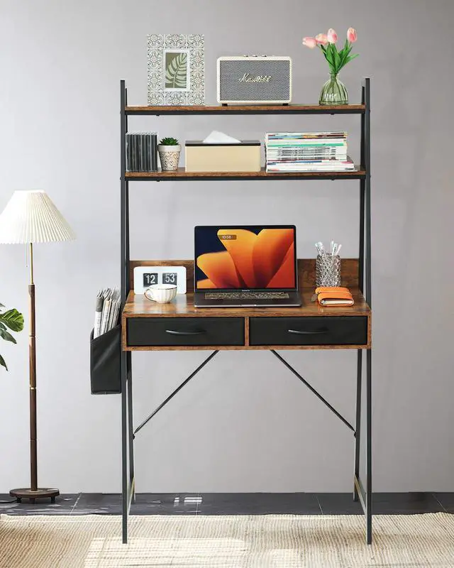 Alt view image 6 of 6 - Small Home Office Study Desk - Freestanding Ladder Design with Fabric Drawers & Side Bag - Modern Vanity Makeup Desk - 2 Tier Shelf & Computer Gaming Station