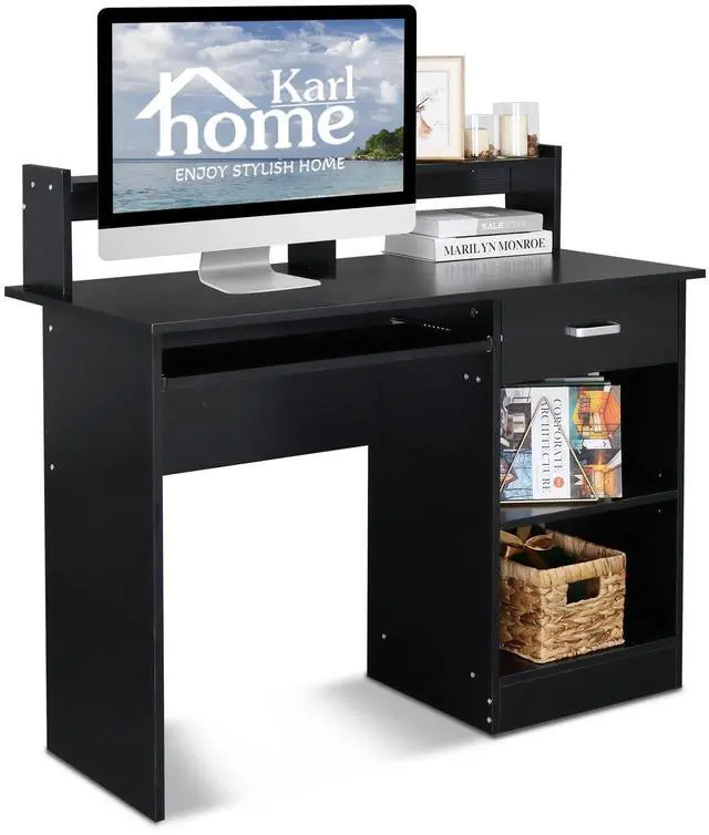 Main image of Computer Desk Study Writing Desk, PC Laptop Table Wooden Home Office Workstation with Drawer Shelf Keyboard Tray, Black