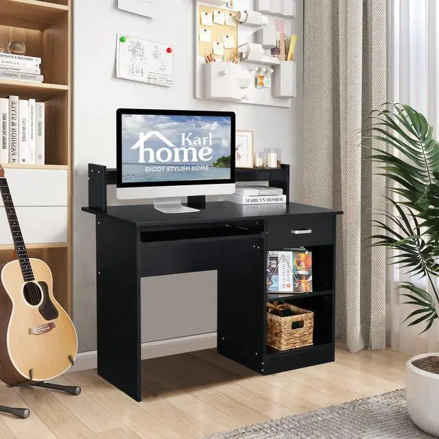 Alt view image 2 of 6 - Computer Desk Study Writing Desk, PC Laptop Table Wooden Home Office Workstation with Drawer Shelf Keyboard Tray, Black