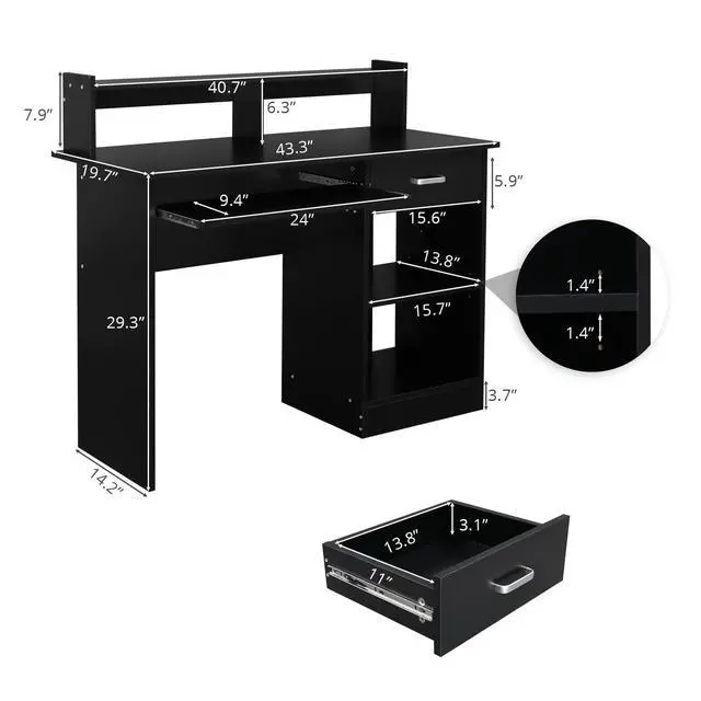 Alt view image 3 of 6 - Computer Desk Study Writing Desk, PC Laptop Table Wooden Home Office Workstation with Drawer Shelf Keyboard Tray, Black