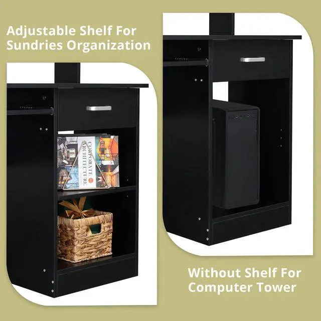 Alt view image 4 of 6 - Computer Desk Study Writing Desk, PC Laptop Table Wooden Home Office Workstation with Drawer Shelf Keyboard Tray, Black