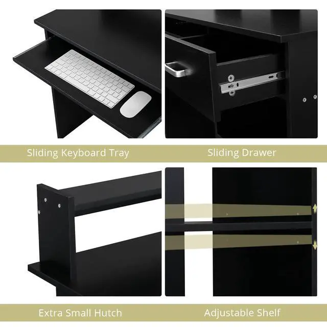 Alt view image 5 of 6 - Computer Desk Study Writing Desk, PC Laptop Table Wooden Home Office Workstation with Drawer Shelf Keyboard Tray, Black