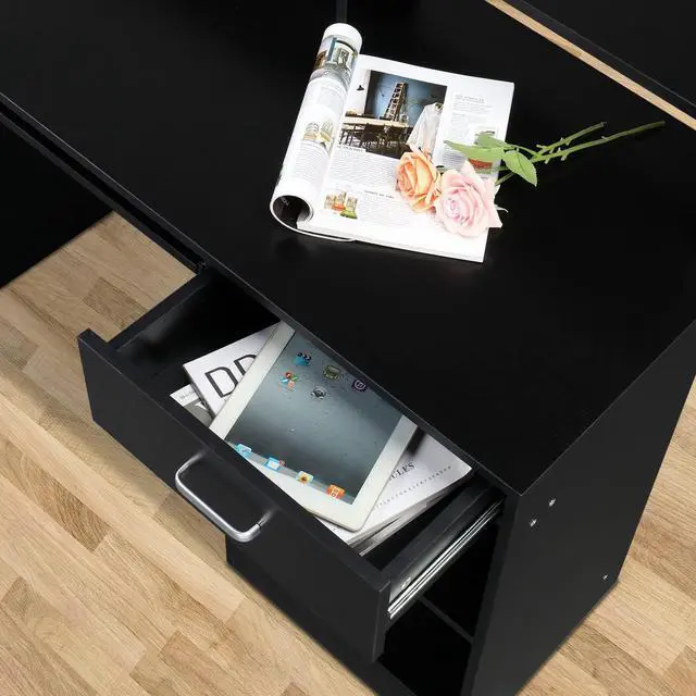 Alt view image 6 of 6 - Computer Desk Study Writing Desk, PC Laptop Table Wooden Home Office Workstation with Drawer Shelf Keyboard Tray, Black