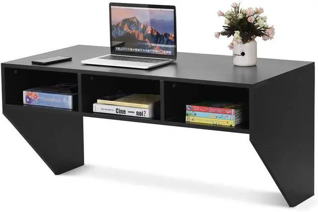 Main image of Wall Mounted Desk Floating Computer Desk, Writing Study Table W/3 Storage Shelves, Laptop PC Table for Living Room, Bedroom, Office (Black)