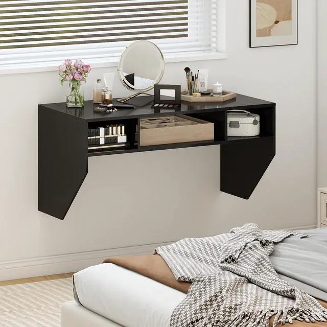 Alt view image 2 of 6 - Wall Mounted Desk Floating Computer Desk, Writing Study Table W/3 Storage Shelves, Laptop PC Table for Living Room, Bedroom, Office (Black)