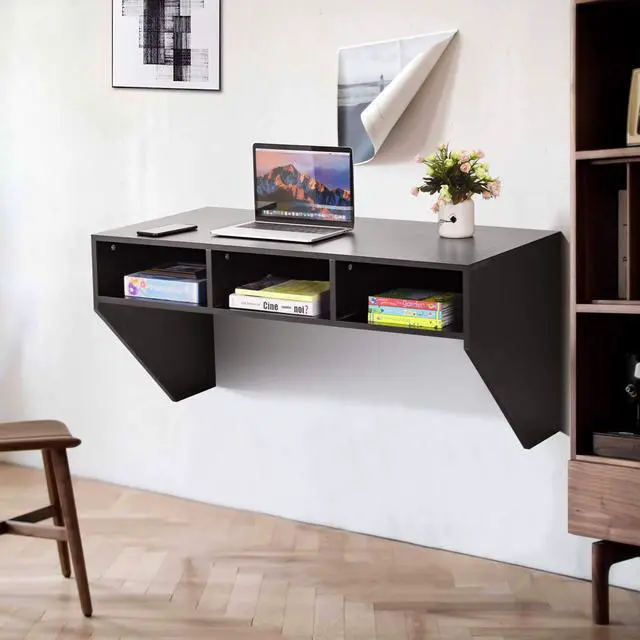 Alt view image 4 of 6 - Wall Mounted Desk Floating Computer Desk, Writing Study Table W/3 Storage Shelves, Laptop PC Table for Living Room, Bedroom, Office (Black)