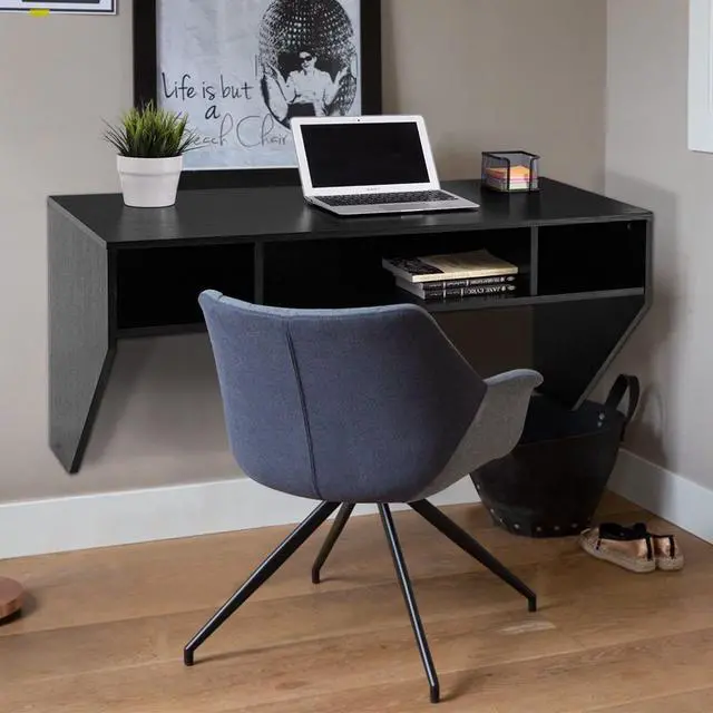 Alt view image 5 of 6 - Wall Mounted Desk Floating Computer Desk, Writing Study Table W/3 Storage Shelves, Laptop PC Table for Living Room, Bedroom, Office (Black)