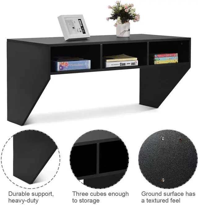 Alt view image 6 of 6 - Wall Mounted Desk Floating Computer Desk, Writing Study Table W/3 Storage Shelves, Laptop PC Table for Living Room, Bedroom, Office (Black)