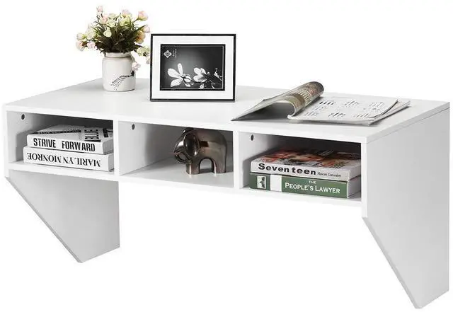 Main image of Wall Mounted Desk Floating Computer Desk, Writing Study Table W/3 Storage Shelves, Laptop PC Table for Living Room, Bedroom, Office (White)