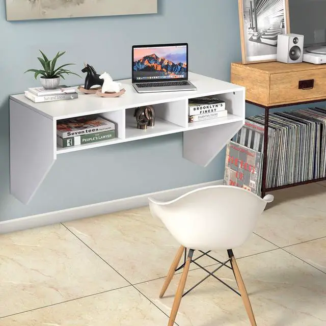 Alt view image 2 of 6 - Wall Mounted Desk Floating Computer Desk, Writing Study Table W/3 Storage Shelves, Laptop PC Table for Living Room, Bedroom, Office (White)
