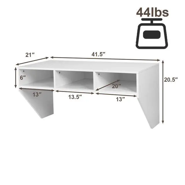 Alt view image 3 of 6 - Wall Mounted Desk Floating Computer Desk, Writing Study Table W/3 Storage Shelves, Laptop PC Table for Living Room, Bedroom, Office (White)