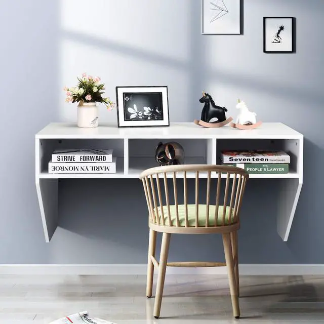 Alt view image 4 of 6 - Wall Mounted Desk Floating Computer Desk, Writing Study Table W/3 Storage Shelves, Laptop PC Table for Living Room, Bedroom, Office (White)