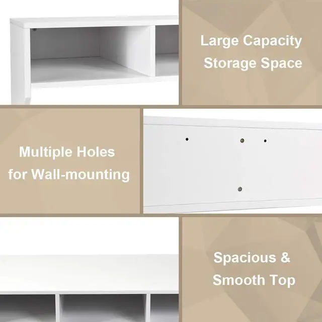Alt view image 6 of 6 - Wall Mounted Desk Floating Computer Desk, Writing Study Table W/3 Storage Shelves, Laptop PC Table for Living Room, Bedroom, Office (White)