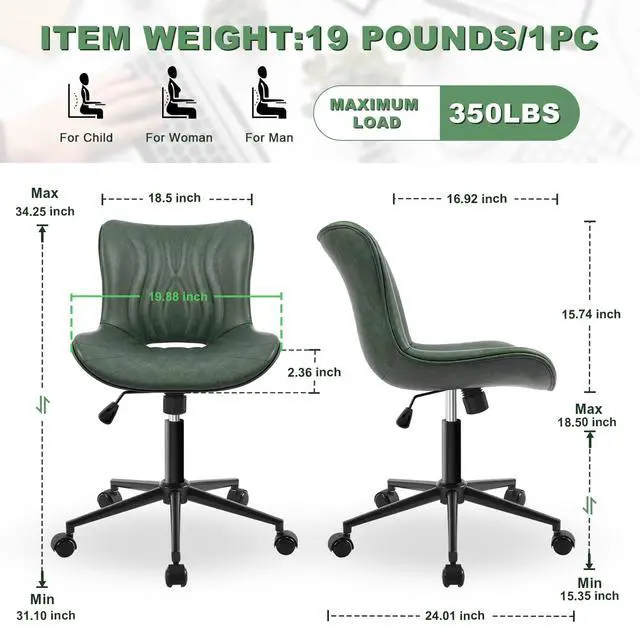 Alt view image 2 of 6 - Armless Office Chair, Height Adjustable Desk Chair with Wheels, Ergonomic Comfy 360° Swivel Home Office Computer Task Chair, Faux Leather Padded Cute Vanity Chair,Green