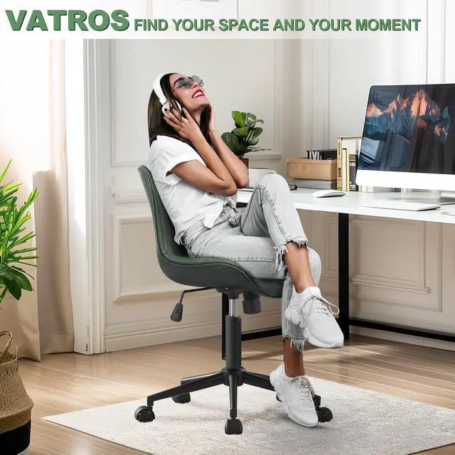 Alt view image 3 of 6 - Armless Office Chair, Height Adjustable Desk Chair with Wheels, Ergonomic Comfy 360° Swivel Home Office Computer Task Chair, Faux Leather Padded Cute Vanity Chair,Green