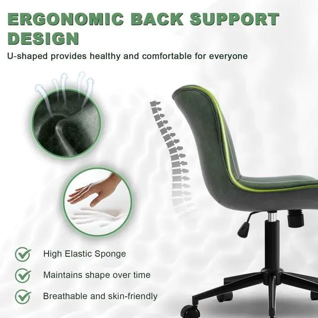 Alt view image 4 of 6 - Armless Office Chair, Height Adjustable Desk Chair with Wheels, Ergonomic Comfy 360° Swivel Home Office Computer Task Chair, Faux Leather Padded Cute Vanity Chair,Green