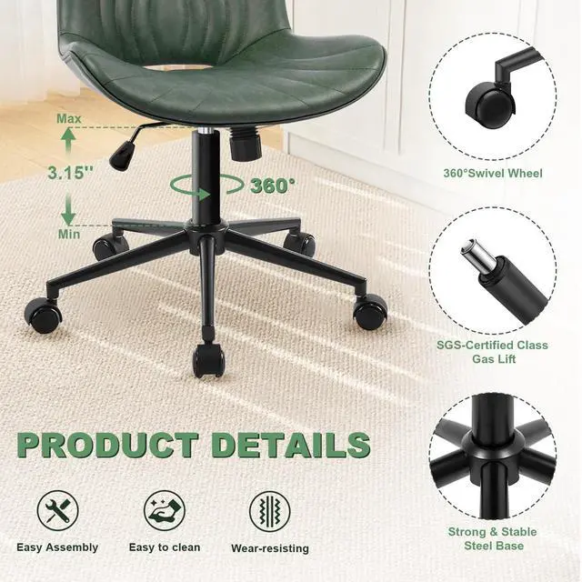 Alt view image 5 of 6 - Armless Office Chair, Height Adjustable Desk Chair with Wheels, Ergonomic Comfy 360° Swivel Home Office Computer Task Chair, Faux Leather Padded Cute Vanity Chair,Green