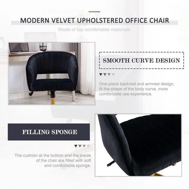 Alt view image 3 of 6 - Velvet Office Desk Chair, Modern Adjustable Home Desk Chair with Wheels, Swivel Vanity Chair for Bedroom, Office, Vanity Study (Black)