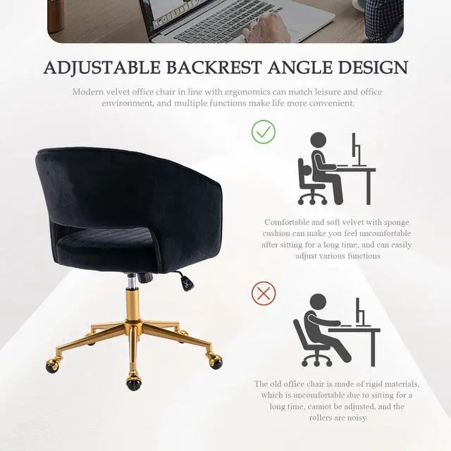 Alt view image 6 of 6 - Velvet Office Desk Chair, Modern Adjustable Home Desk Chair with Wheels, Swivel Vanity Chair for Bedroom, Office, Vanity Study (Black)