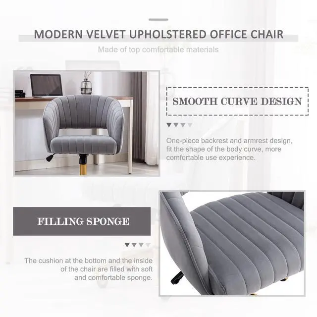 Alt view image 4 of 6 - Velvet Office Desk Chair, Modern Adjustable Home Desk Chair with Wheels, Swivel Vanity Chair for Bedroom, Office, Vanity Study (Grey)