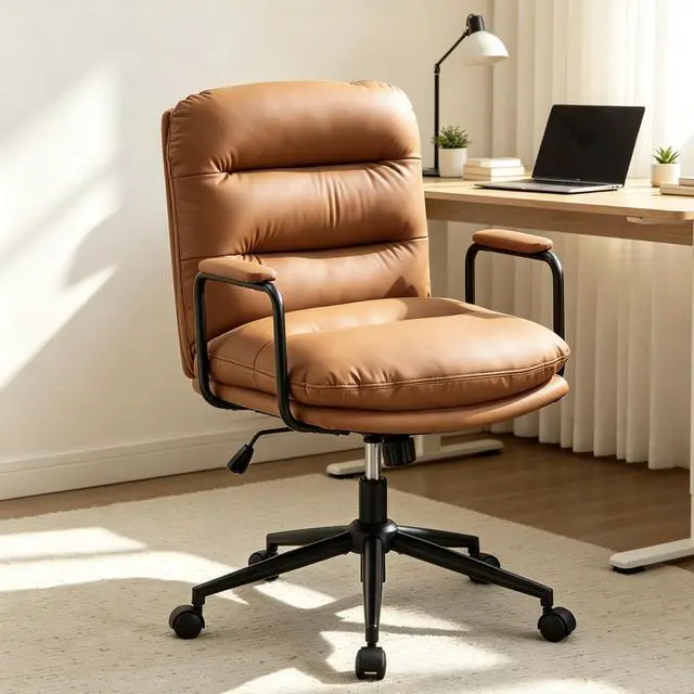 Main image of Ergonomic Office Chair, Home Office Desk Chair with Lumbar Support, Adjustable Height 360° Swivel Computer Task Chair, Removable Armrest Mid Back Executive Chair, Brown Leather