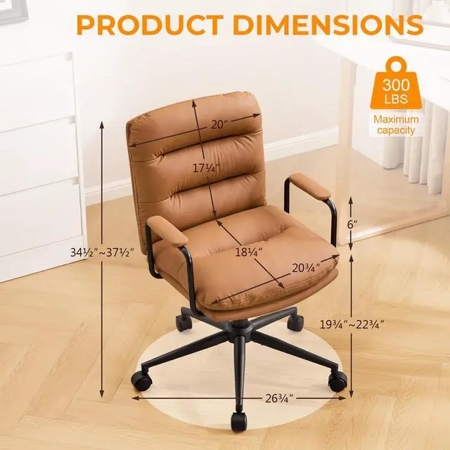 Alt view image 2 of 6 - Ergonomic Office Chair, Home Office Desk Chair with Lumbar Support, Adjustable Height 360° Swivel Computer Task Chair, Removable Armrest Mid Back Executive Chair, Brown Leather