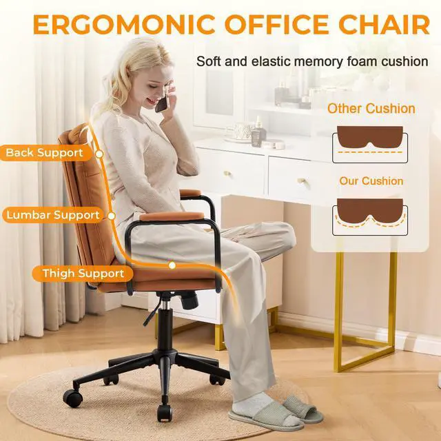 Alt view image 3 of 6 - Ergonomic Office Chair, Home Office Desk Chair with Lumbar Support, Adjustable Height 360° Swivel Computer Task Chair, Removable Armrest Mid Back Executive Chair, Brown Leather