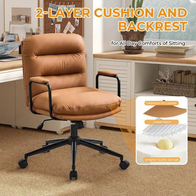 Alt view image 4 of 6 - Ergonomic Office Chair, Home Office Desk Chair with Lumbar Support, Adjustable Height 360° Swivel Computer Task Chair, Removable Armrest Mid Back Executive Chair, Brown Leather