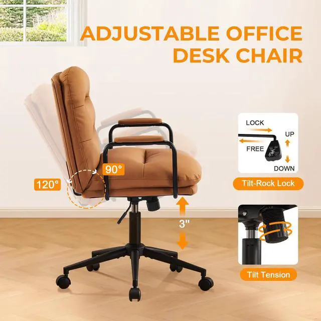 Alt view image 5 of 6 - Ergonomic Office Chair, Home Office Desk Chair with Lumbar Support, Adjustable Height 360° Swivel Computer Task Chair, Removable Armrest Mid Back Executive Chair, Brown Leather
