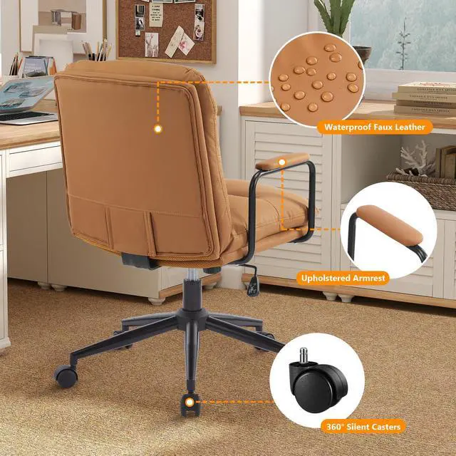 Alt view image 6 of 6 - Ergonomic Office Chair, Home Office Desk Chair with Lumbar Support, Adjustable Height 360° Swivel Computer Task Chair, Removable Armrest Mid Back Executive Chair, Brown Leather