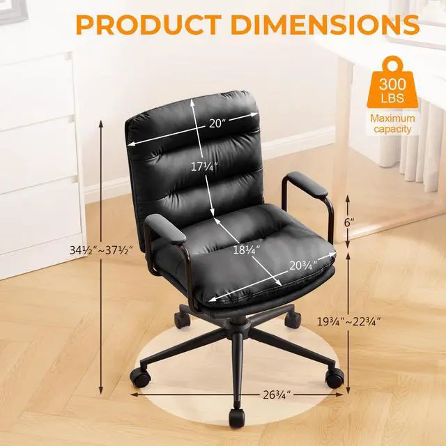 Alt view image 2 of 6 - Ergonomic Office Chair, Home Office Desk Chair with Lumbar Support, Adjustable Height 360° Swivel Computer Task Chair, Removable Armrest Mid Back Executive Chair, Black Leather