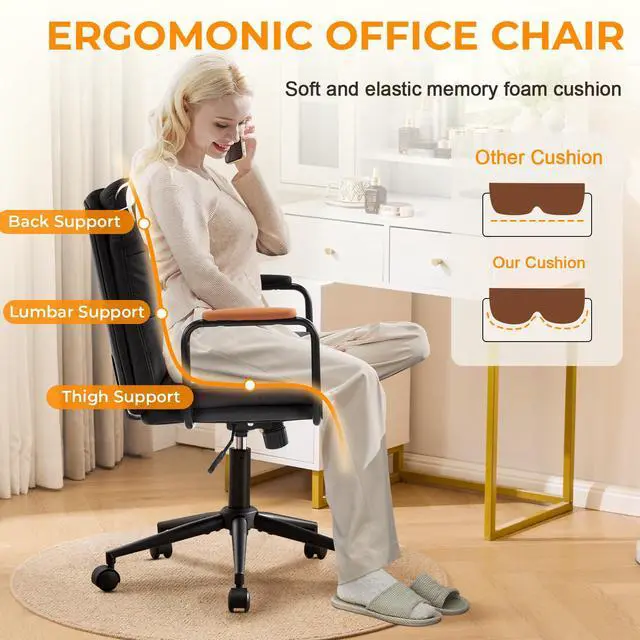 Alt view image 3 of 6 - Ergonomic Office Chair, Home Office Desk Chair with Lumbar Support, Adjustable Height 360° Swivel Computer Task Chair, Removable Armrest Mid Back Executive Chair, Black Leather