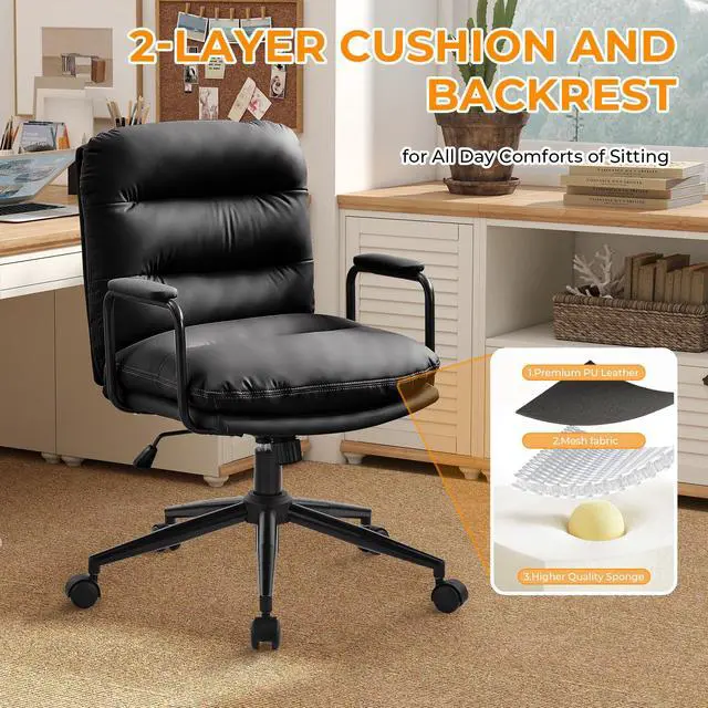 Alt view image 4 of 6 - Ergonomic Office Chair, Home Office Desk Chair with Lumbar Support, Adjustable Height 360° Swivel Computer Task Chair, Removable Armrest Mid Back Executive Chair, Black Leather