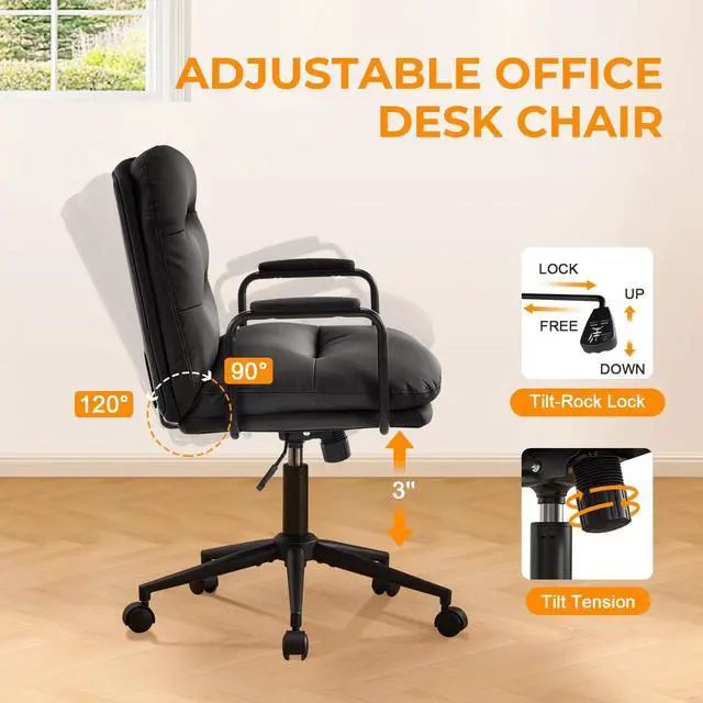 Alt view image 5 of 6 - Ergonomic Office Chair, Home Office Desk Chair with Lumbar Support, Adjustable Height 360° Swivel Computer Task Chair, Removable Armrest Mid Back Executive Chair, Black Leather