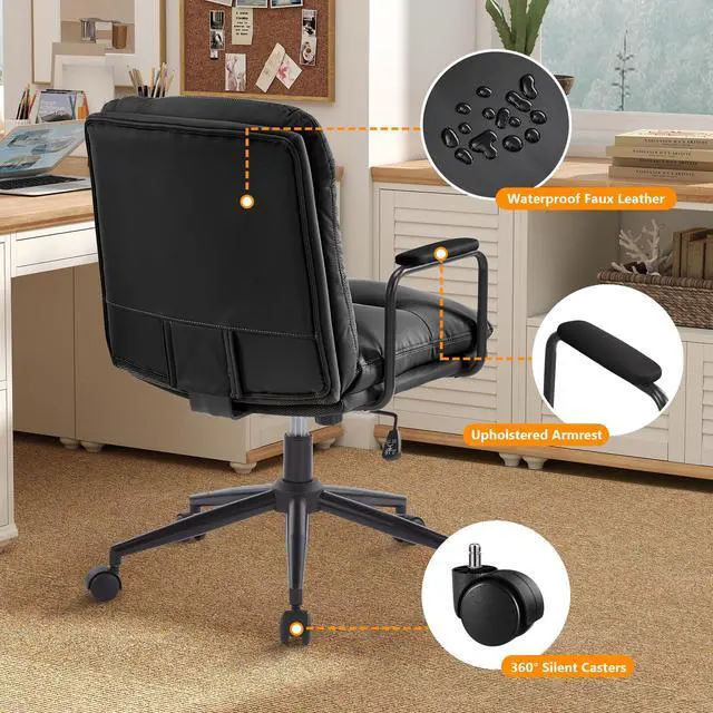 Alt view image 6 of 6 - Ergonomic Office Chair, Home Office Desk Chair with Lumbar Support, Adjustable Height 360° Swivel Computer Task Chair, Removable Armrest Mid Back Executive Chair, Black Leather