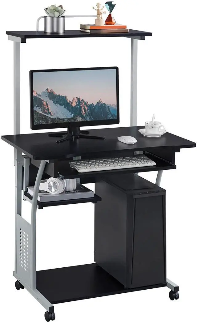 Main image of 3 Tier Computer Desk with Printer Shelf and Keyboard Tray, Home Office Desk Computer Workstation Rolling Study PC Laptop Table for Small Spaces Black