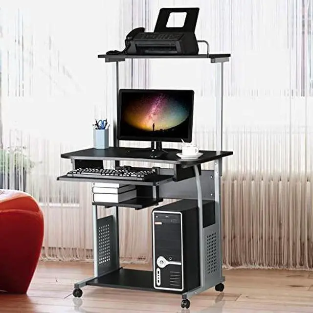 Alt view image 2 of 6 - 3 Tier Computer Desk with Printer Shelf and Keyboard Tray, Home Office Desk Computer Workstation Rolling Study PC Laptop Table for Small Spaces Black