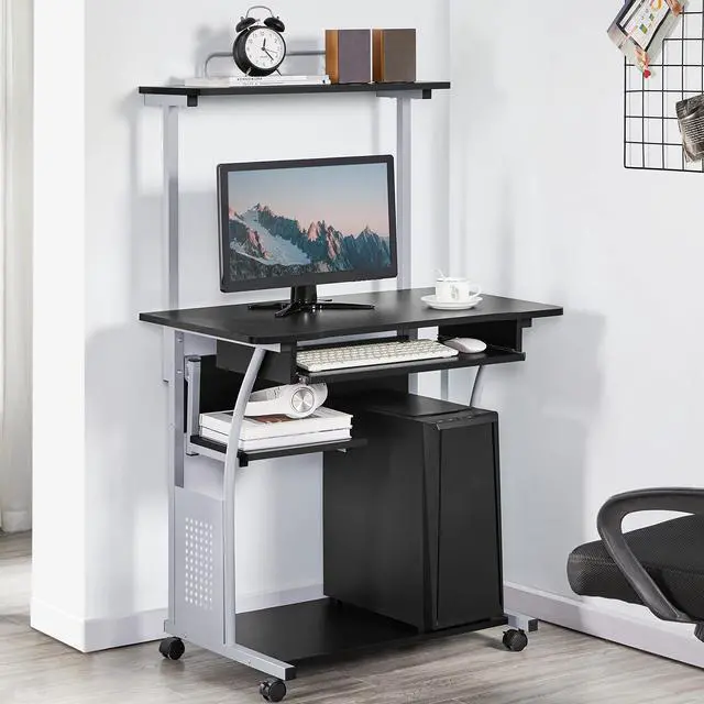 Alt view image 4 of 6 - 3 Tier Computer Desk with Printer Shelf and Keyboard Tray, Home Office Desk Computer Workstation Rolling Study PC Laptop Table for Small Spaces Black