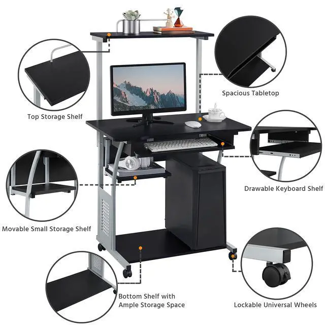 Alt view image 5 of 6 - 3 Tier Computer Desk with Printer Shelf and Keyboard Tray, Home Office Desk Computer Workstation Rolling Study PC Laptop Table for Small Spaces Black