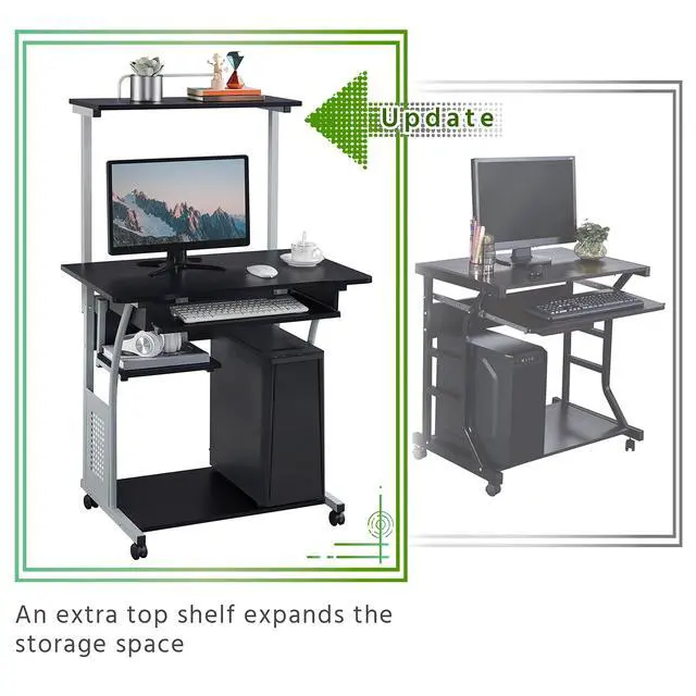Alt view image 6 of 6 - 3 Tier Computer Desk with Printer Shelf and Keyboard Tray, Home Office Desk Computer Workstation Rolling Study PC Laptop Table for Small Spaces Black