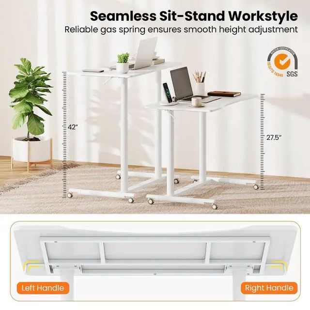 Alt view image 5 of 6 - Mobile Standing Desk, C-Shaped Sit Stand Desk with Adjustable Height, Lockable Wheels & Metal Frame, Rolling Laptop Desk, Portable Computer Workstation for Small Space