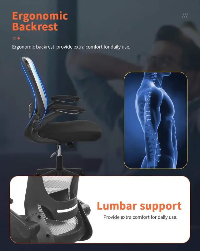 Alt view image 5 of 6 - Office Chair Desk Computer Chair with Lumbar Support Flip-up Arms Swivel Rolling Executive Task Mesh Adjustable Ergonomic for Adults(White)