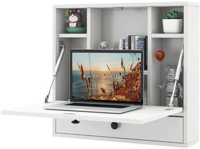 Main image of Folding Wall Table - Floating Desk with Storage Drawer & Shelves (White)