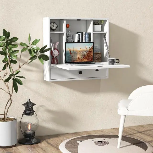 Alt view image 2 of 6 - Folding Wall Table - Floating Desk with Storage Drawer & Shelves (White)